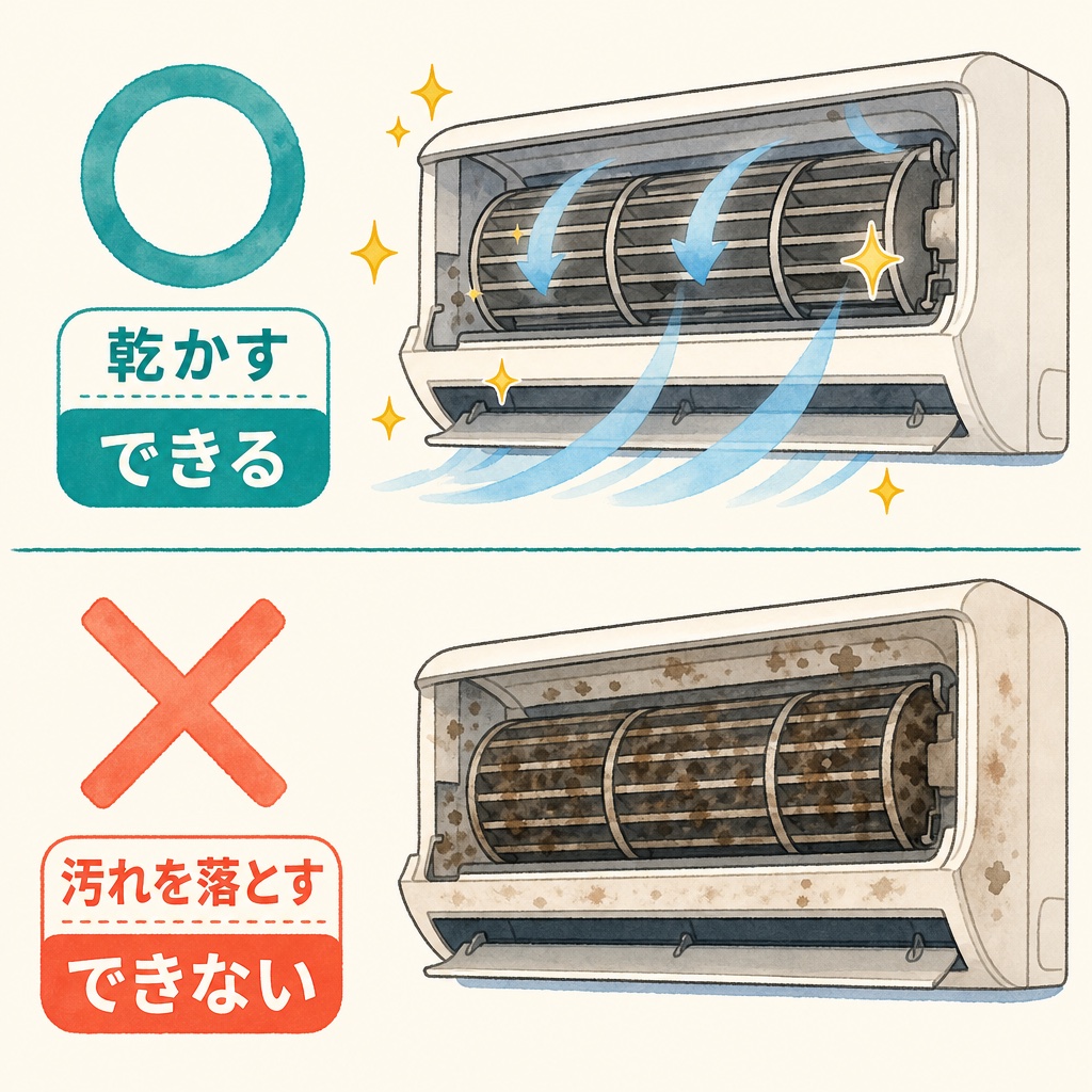 内部クリーンは乾かす機能であって汚れを落とす機能ではないことを示す図