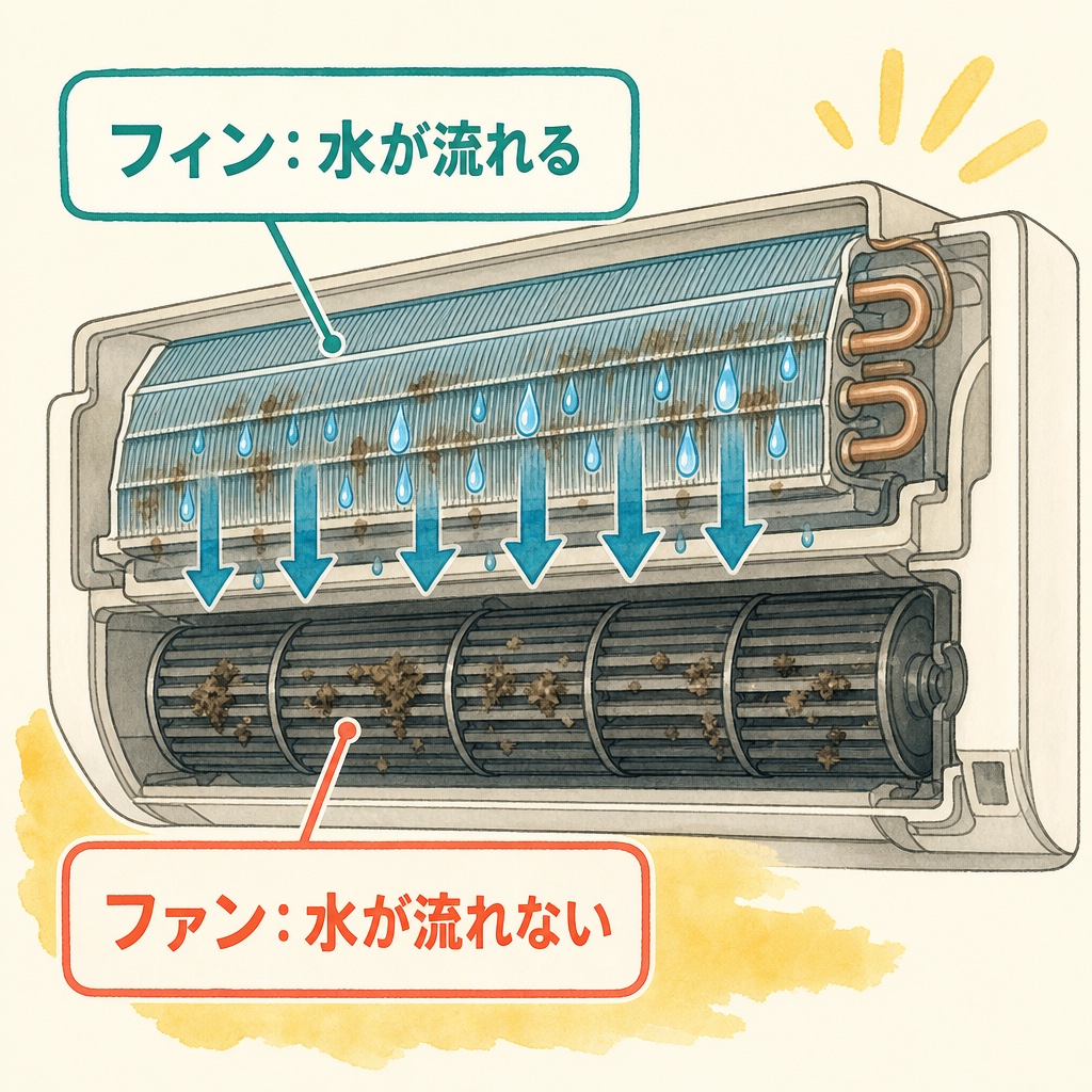 フィンは水で流れるが送風ファンには水が流れないことを示す断面図