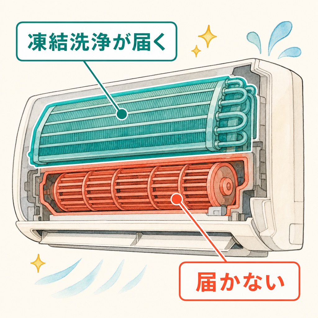 凍結洗浄が届く熱交換器と、届かない送風ファンを塗り分けた図