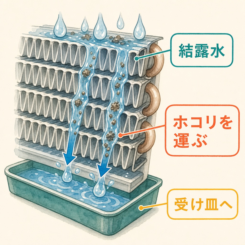 結露水がフィンを伝ってホコリを流していく仕組みの図
