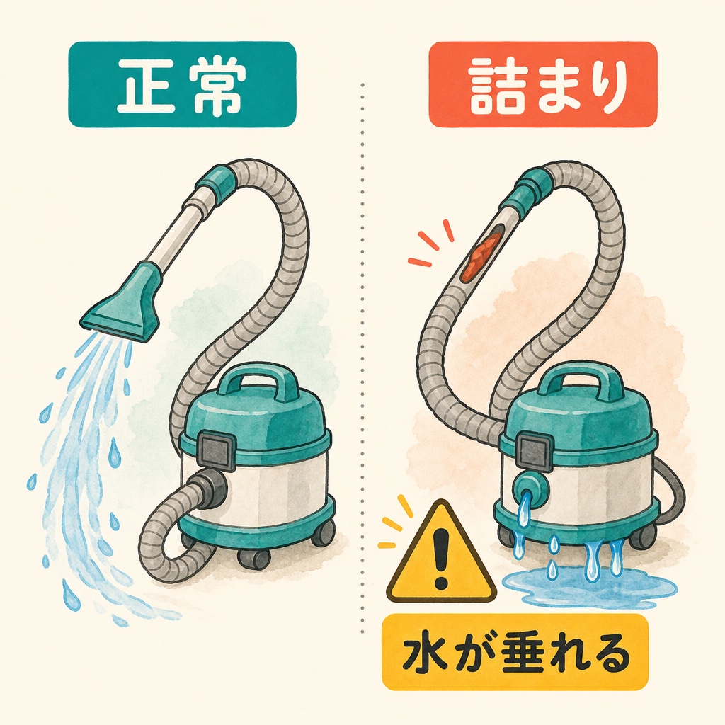 ドレンホースが詰まって水が本体から漏れる仕組みの図