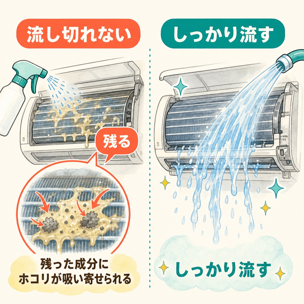 市販スプレーは洗剤を流し切れず残ってしまうことを示す図