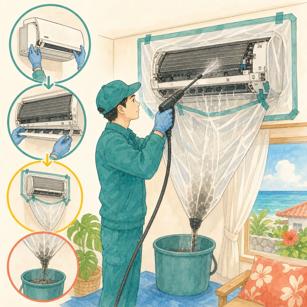 分解したエアコンの内部を高圧洗浄している作業の様子