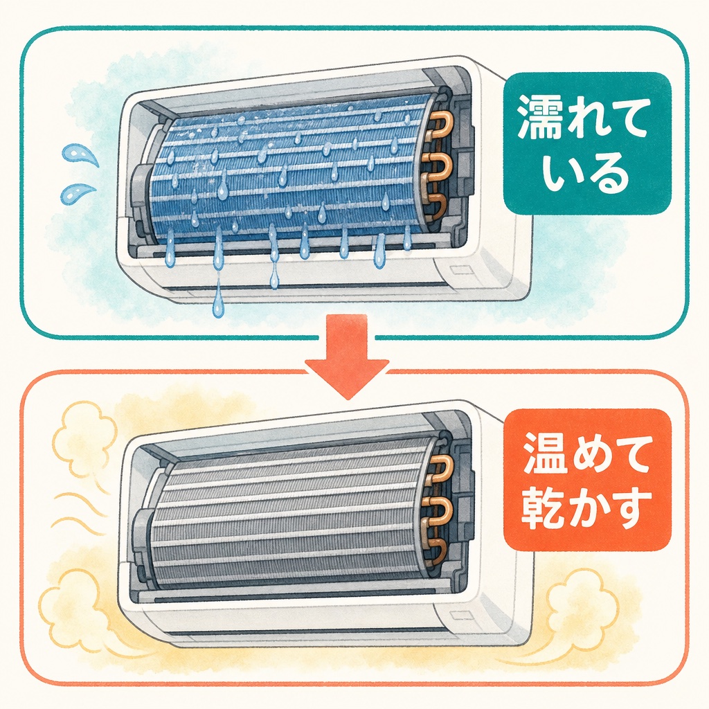 運転後に内部を温めて湿気を飛ばす仕組みの図