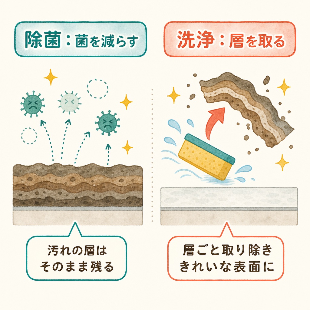 除菌と洗浄の役割の違いを示す図
