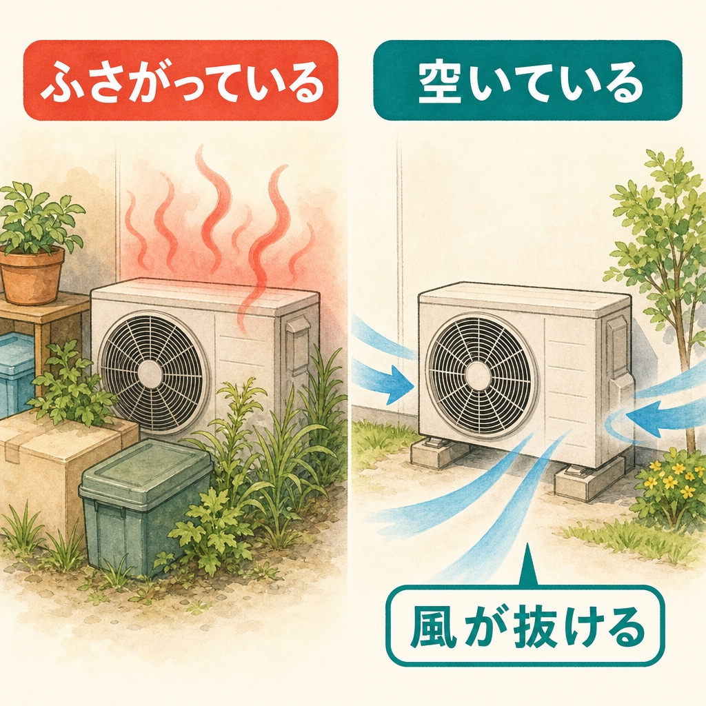 室外機のまわりを空けて風の通り道を確保することを示す図