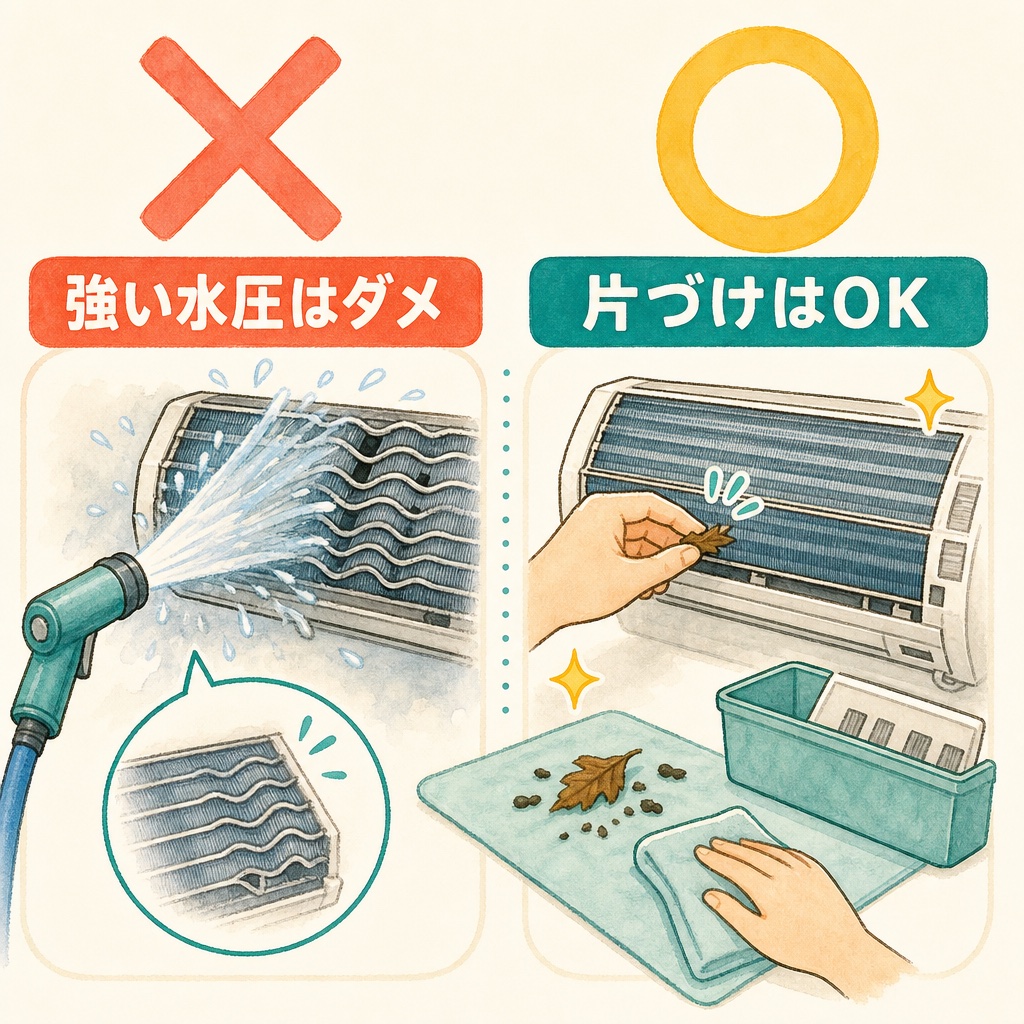 室外機に強い水圧をかけるとフィンが潰れてしまうことを示す図
