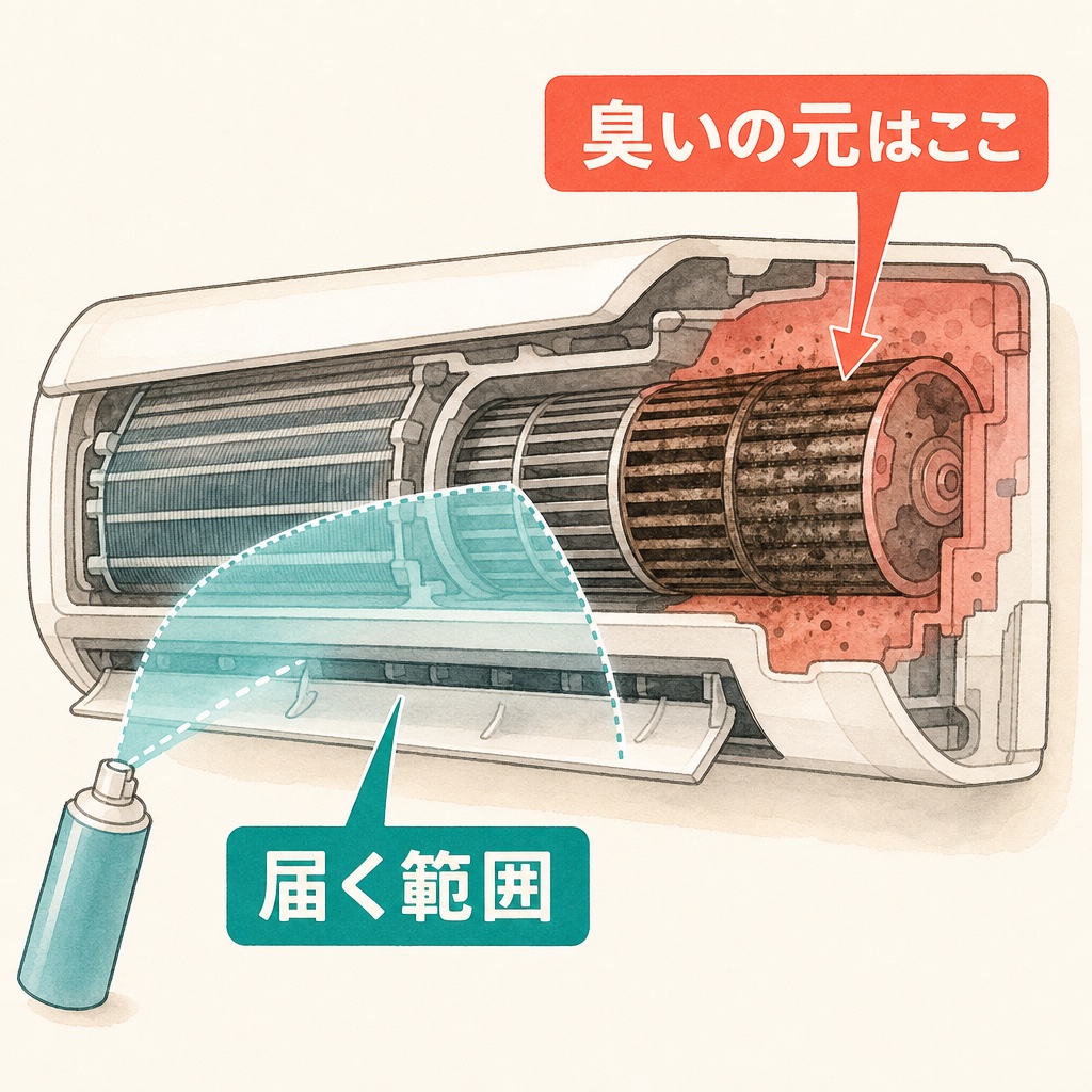 スプレーが届く範囲と臭いの元がある場所のずれを示す図