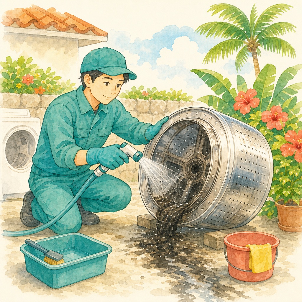 分解した洗濯槽を洗浄している作業の様子