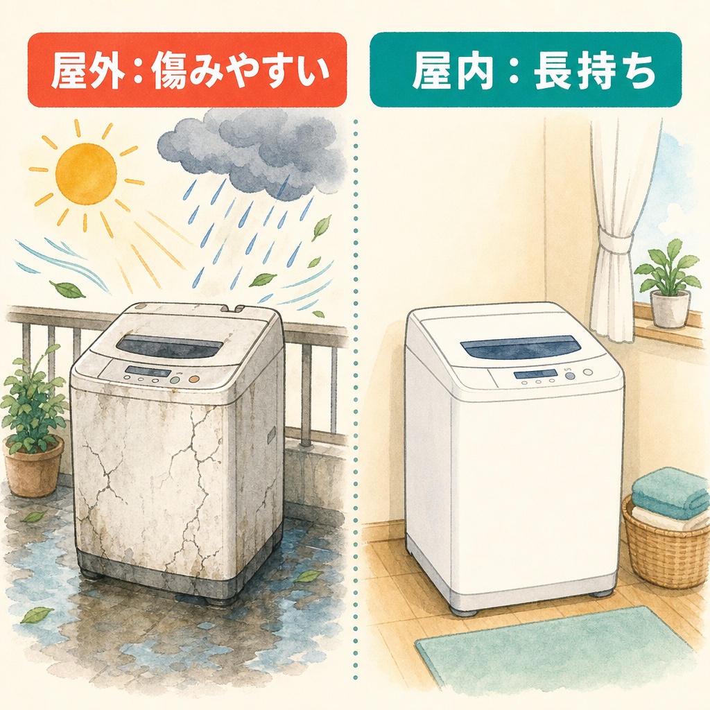屋外設置と屋内設置で洗濯機の傷み方が変わることを示す図