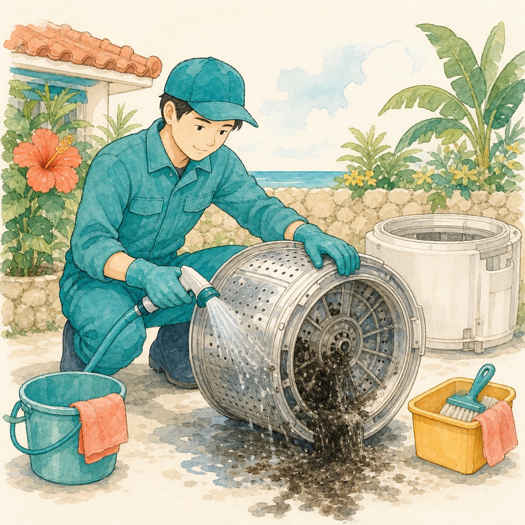 分解した洗濯槽を洗浄している作業の様子