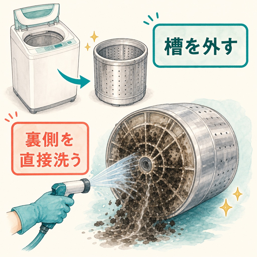 取り外した洗濯槽の裏側を直接洗浄する様子の図