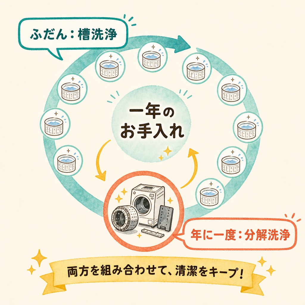 日常の槽洗浄と年一回の分解洗浄を組み合わせる考え方の図