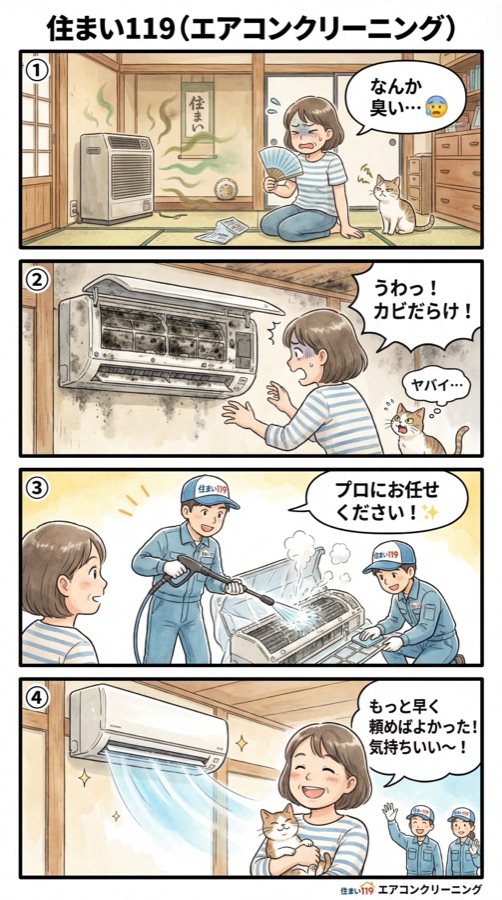 エアコンの臭い・カビをプロが分解洗浄する流れの4コマ漫画(住まい119)