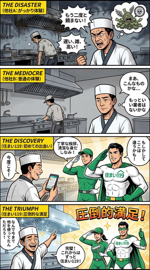 他社のガッカリ体験と住まい119の圧倒的満足を比べる4コマ漫画