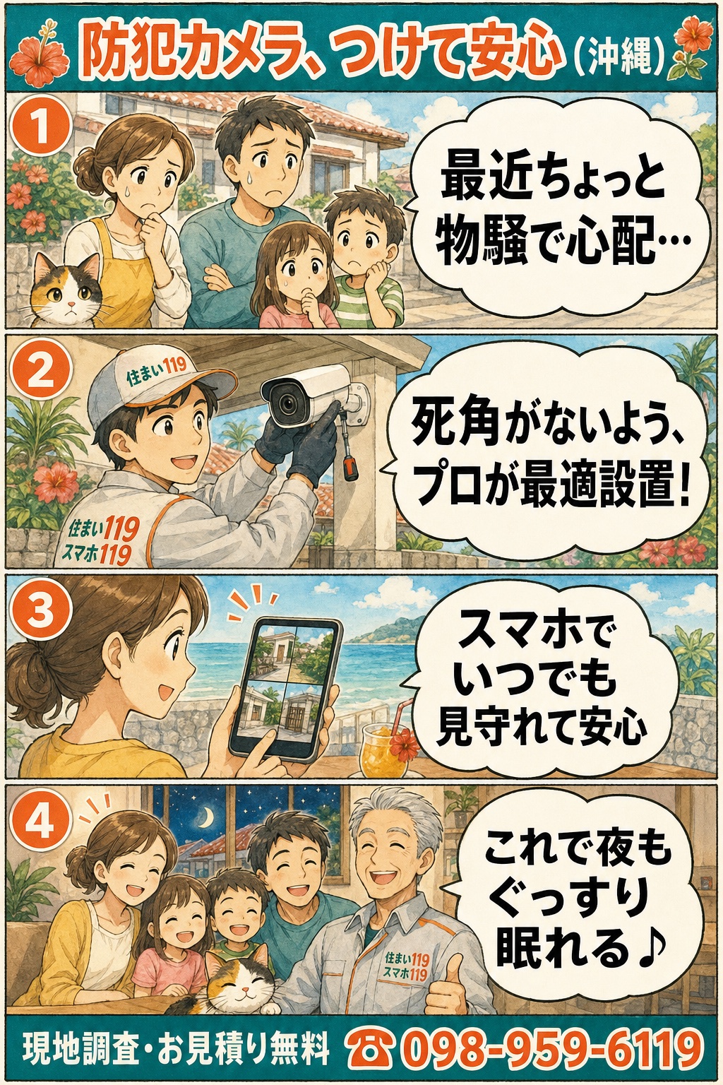 防犯カメラつけて安心:最近物騒で心配→プロが死角なく最適設置→スマホでいつでも見守れる→夜もぐっすり(沖縄全域・現地調査無料 098-959-6119)