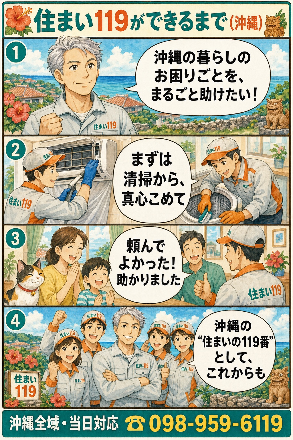 住まい119ができるまで:沖縄の暮らしのお困りごとをまるごと助けたい→真心こめて清掃→お客様の笑顔→地域の住まいの119番として(住まい119)