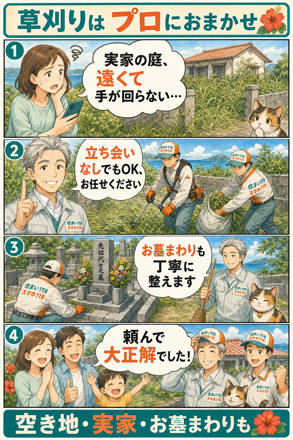 草刈りはプロにおまかせ:遠方の実家の庭→立ち会いなしでもOK→お墓まわりも丁寧に→頼んで大正解(住まい119)