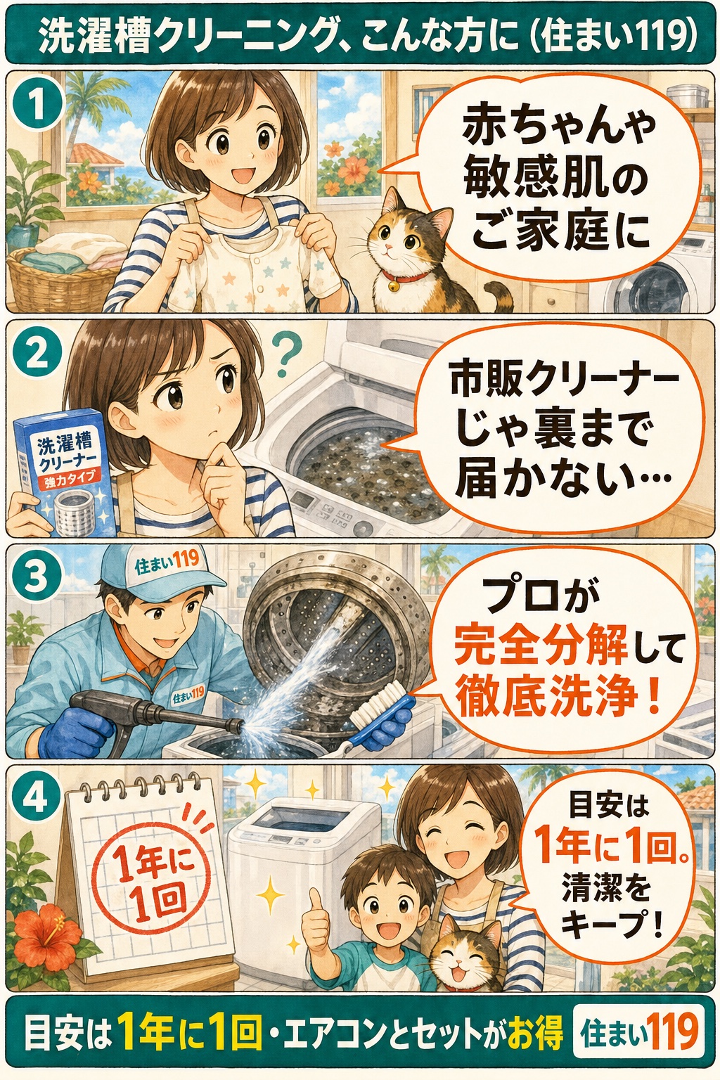 洗濯槽クリーニングはこんな方に:赤ちゃんや敏感肌のご家庭に、市販クリーナーでは裏まで届かない、プロが完全分解して徹底洗浄、目安は1年に1回(住まい119)